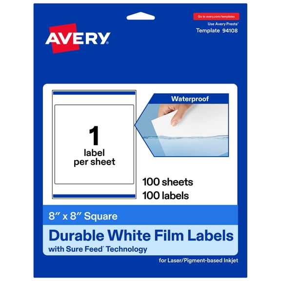 Avery 8" x 8" Waterproof Square Labels, 100 Labels