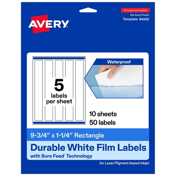 Avery 9-3/4" x 1-1/4" Waterproof Rectangle Labels, 50 Labels
