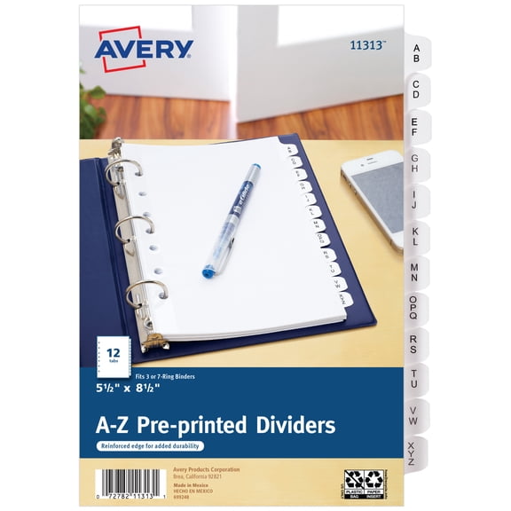 Avery A-Z 12-Tab Mini Dividers, 8.5" x 5.5", 1 Set (11313)