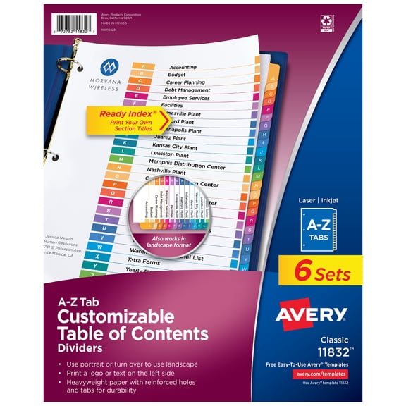 Avery® A-Z Dividers, Ready Index®, Multicolor Tabs (6 Sets of 11832)