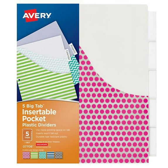 Avery AVE07708BN Big Tab 5 Tab Pocket Insertable Plastic Dividers Set, Pack of 6