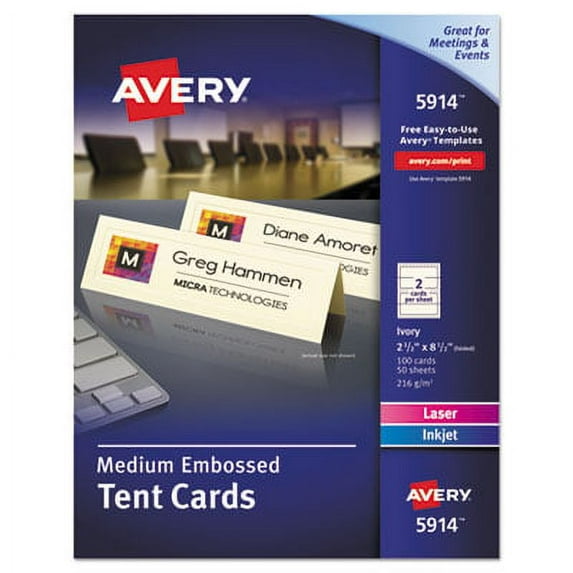Avery AVE5914 Medium Embossed Tent Cards, Ivory, 2 1/2 x 8 1/2, 2 Cards/Sheet, 100/Box