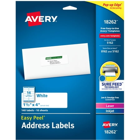Avery Address Labels, 1-1/3" x 4", Paper, Matte White, Laser/Inkjet, Sure Feed, 140 Labels (18262)
