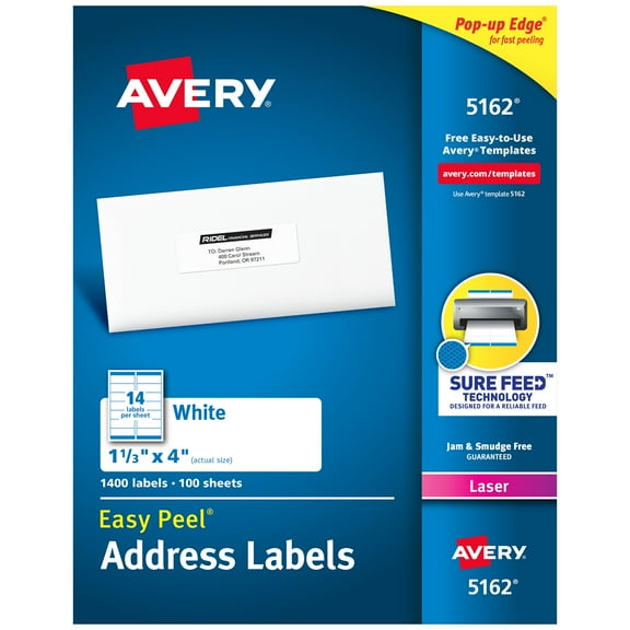 Avery Address Labels, 1-1/3" x 4", Paper, Matte White, Laser, Sure Feed, 1400 Labels (5162)