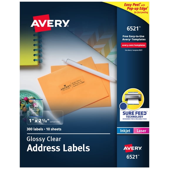 Avery Address Labels, 1" x 2-5/8", Glossy Clear, 300ct (6521)