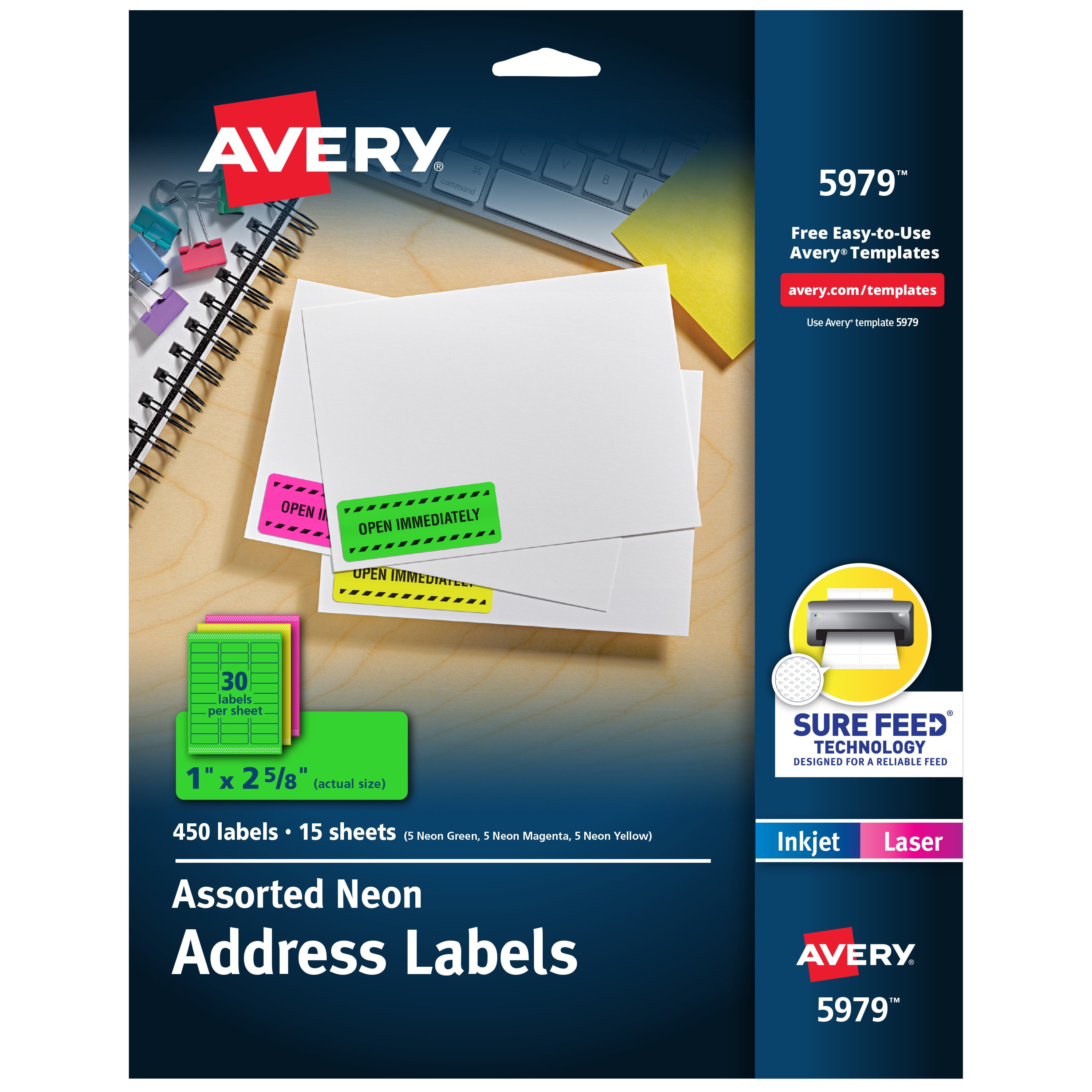 Avery Address Labels, 1" x 2-5/8", Assorted Neon, 450 Total (5979)