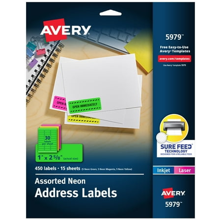 Avery Address Labels, 1" x 2-5/8", Paper, Matte Neon Colors, Laser, Sure Feed, 450 Labels (5979)
