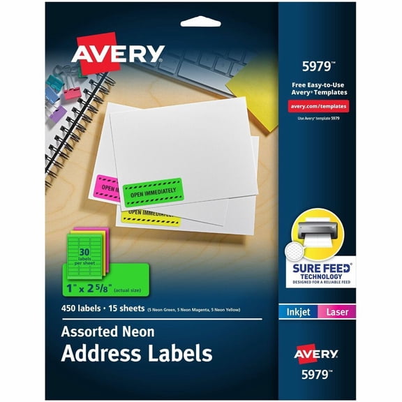 Avery Address Labels, 1" x 2-5/8", Assorted Neon, 450 Total (5979)