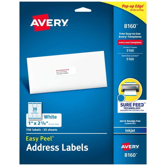 Avery Address Labels, 1" x 2-5/8", White, 750 Labels (8160)
