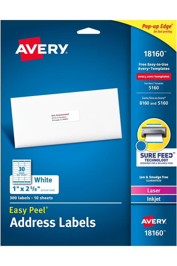 Address Labels, 1" x 2-5/8", Paper, Matte White, Laser/Inkjet, Sure Feed, 300 Labels (18160)