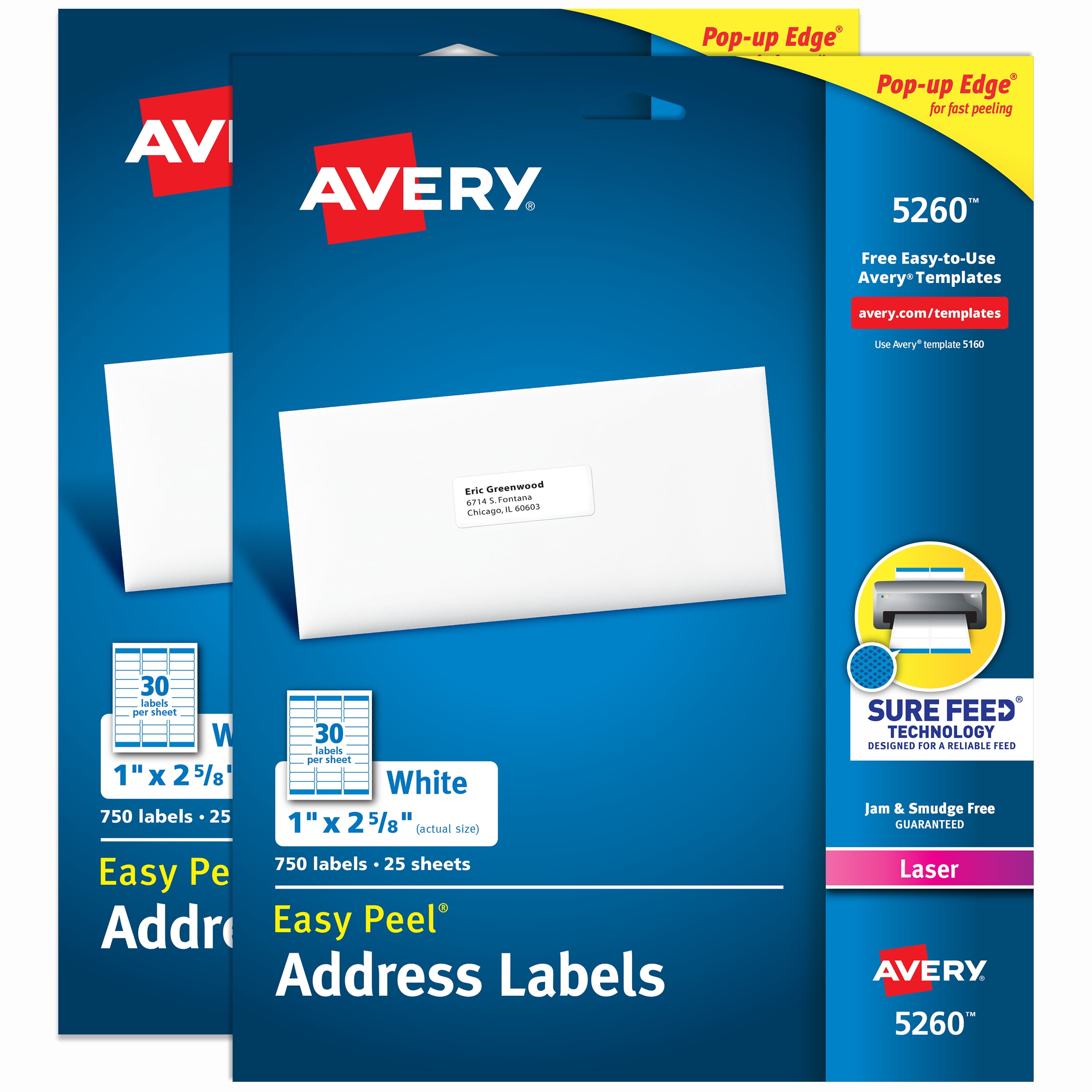 Avery Address Labels, 1" x 2-5/8",  White, 1,500 Labels (5260)