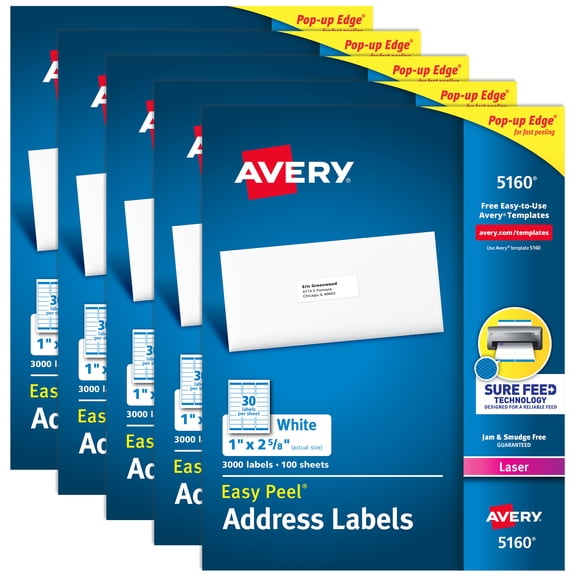 Avery Address Labels, 1" x 2-5/8", White, 3,000 Labels (5160) - 5 Pack