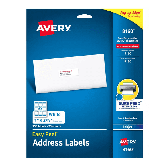 Avery Address Labels, 1" x 2-5/8", White, 750 Labels (8160)