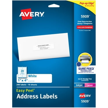Avery Address Labels, 1" x 4", Paper, Matte White, Laser/Inkjet, Sure Feed, 200 Labels (5909)