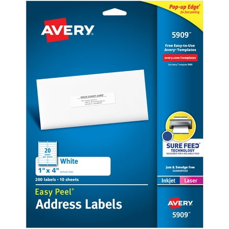 Avery Address Labels, 1" x 4", Paper, Matte White, Laser/Inkjet, Sure Feed, 200 Labels (5909)