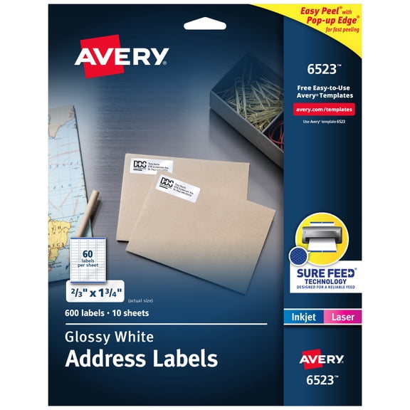 Avery Address Labels, Glossy White, 2/3" x 1-3/4", 600 Total (6523)