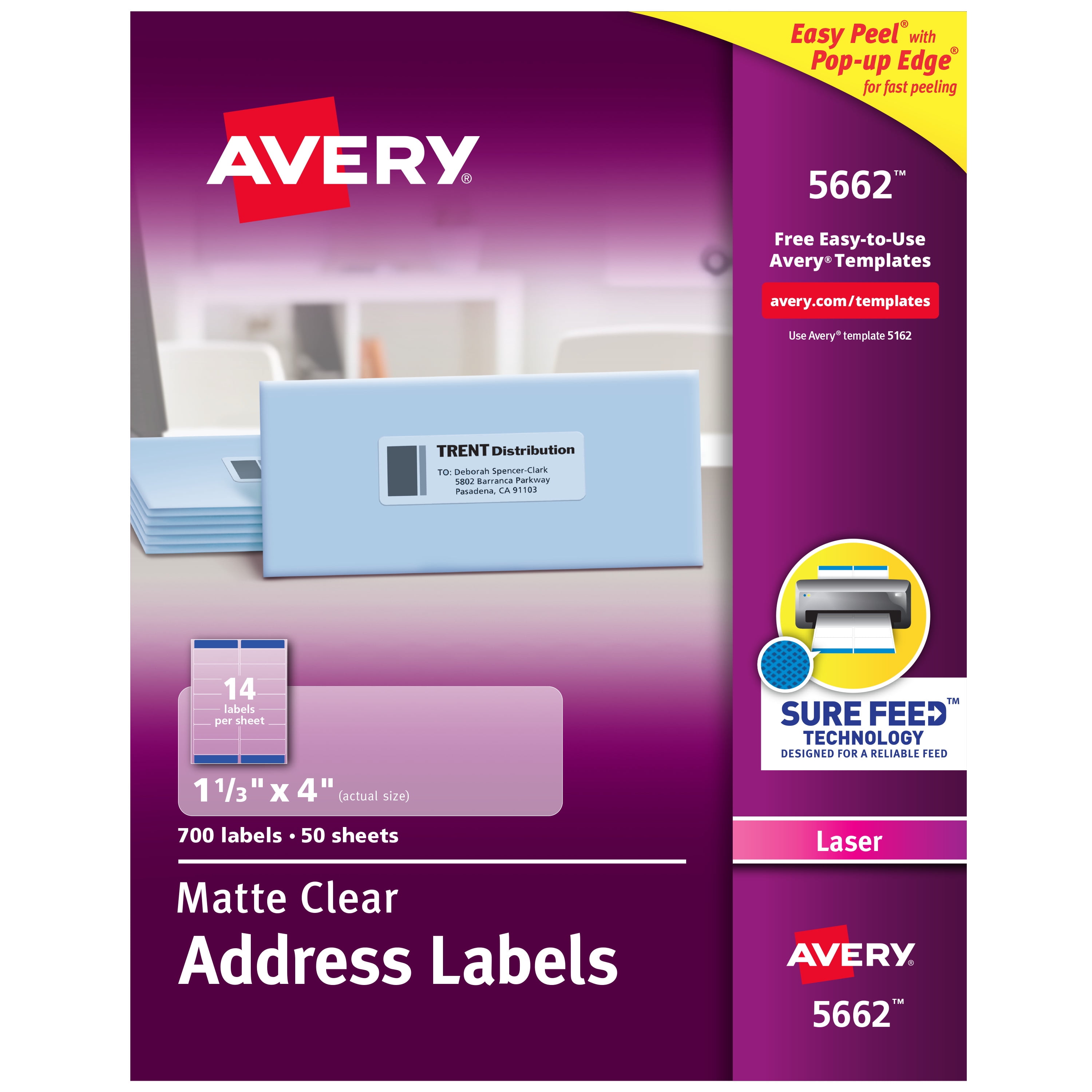 Avery Address Labels, Sure Feed, 1-1/3" x 4", 700 Clear Labels (5662)