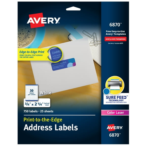 Avery Address Labels, Sure Feed, 3/4" x 2-1/4", 750 Labels (6870)