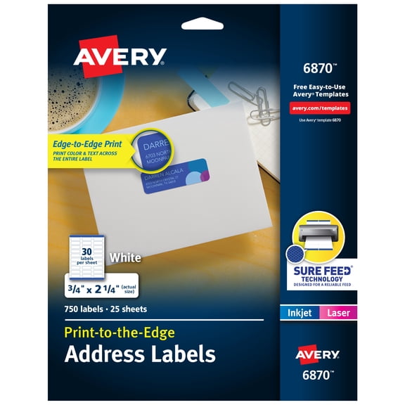 Avery Address Labels, 0.75" x 2.25", Matte White, 750ct (6870)