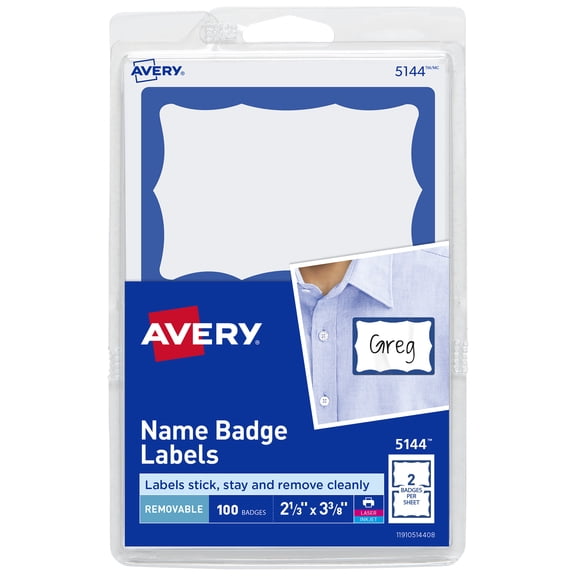 Avery Customizable Name Tags, 2-1/3" x 3-3/8", White with Blue Border, 100 Removable Name Badges (05144) - 18 Pack