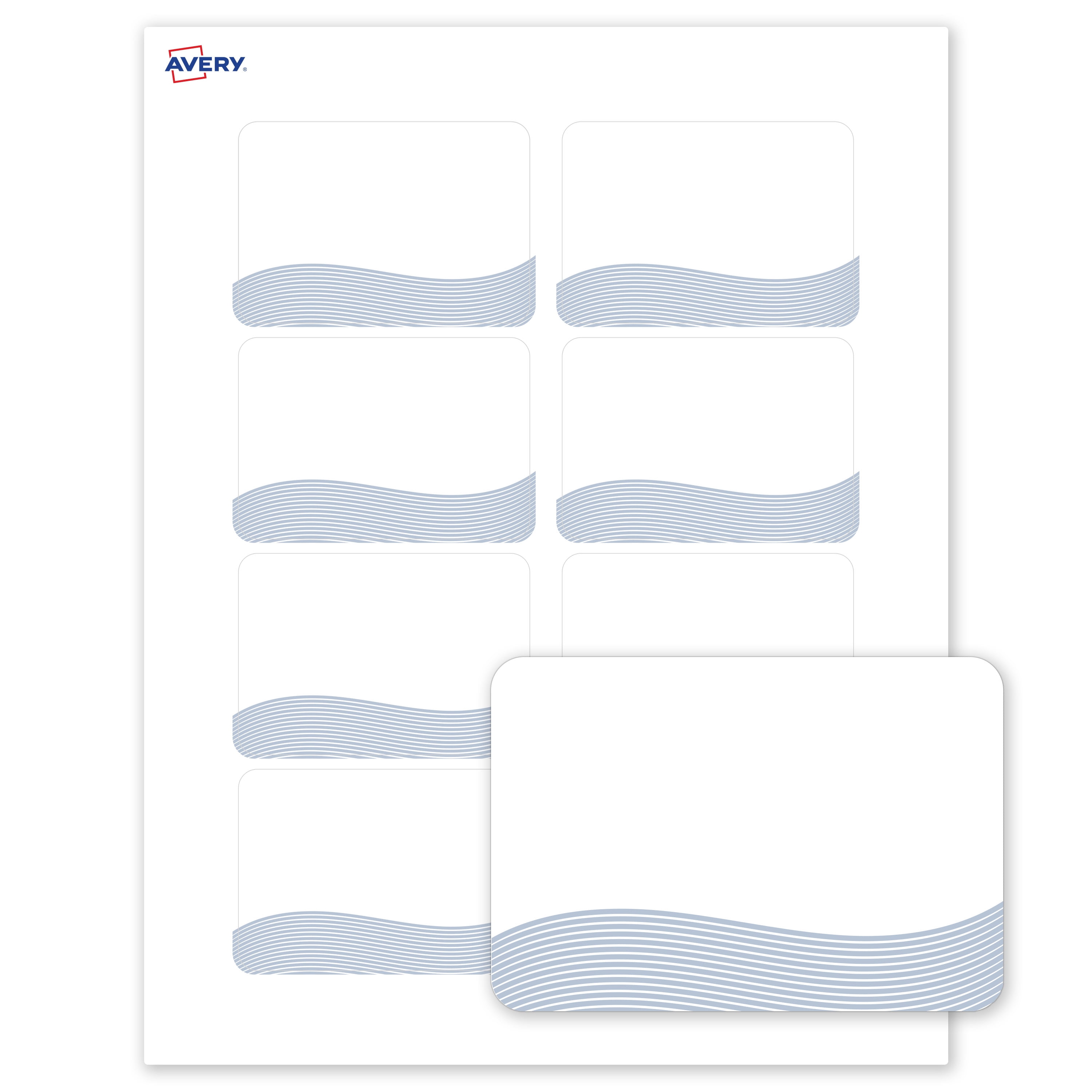 Avery Adhesive Name Tags, 2-1/3" x 3-3/8", Matte White, Blue Waves