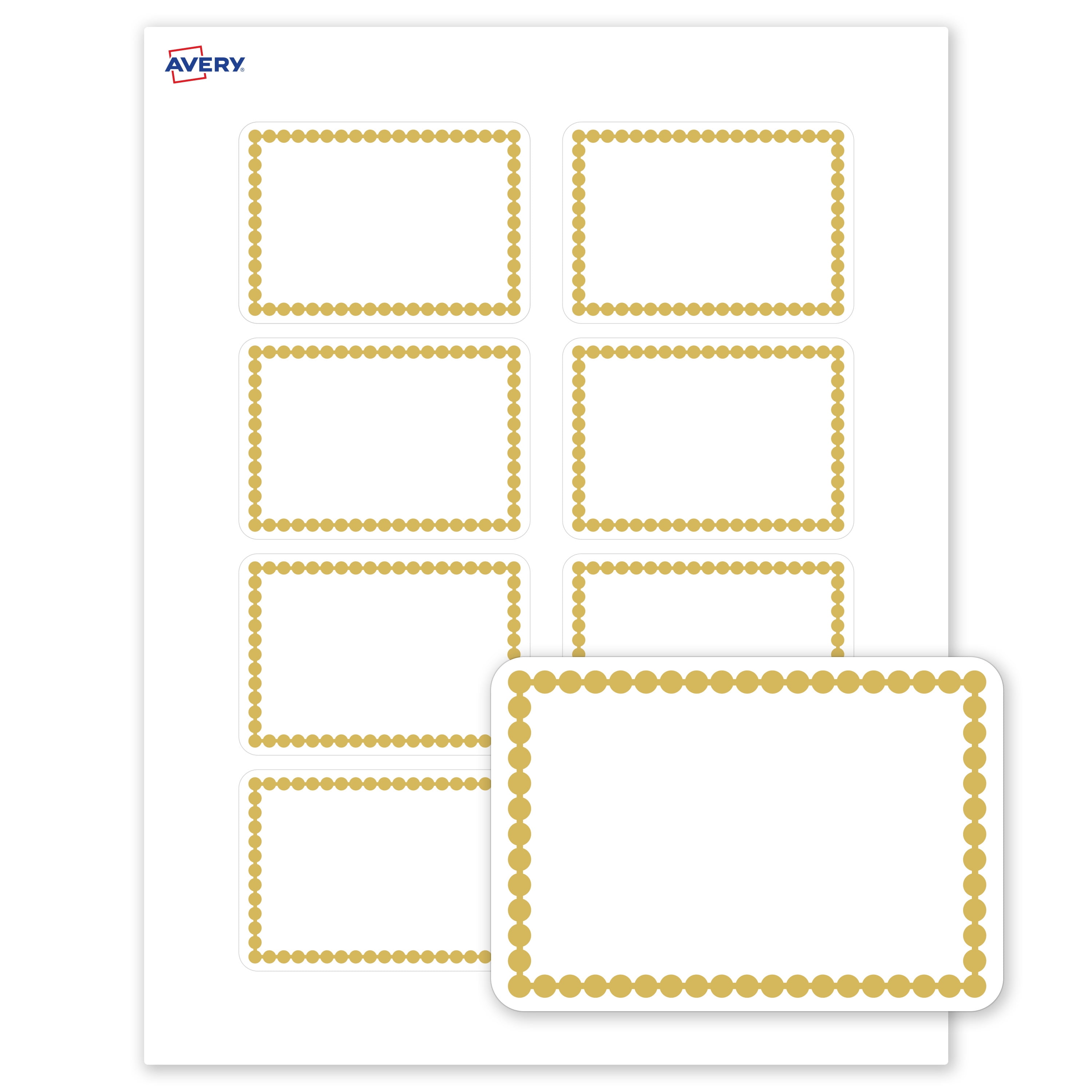 Avery Adhesive Name Tags, 2-1/3" x 3-3/8", Matte White, Gold Beads