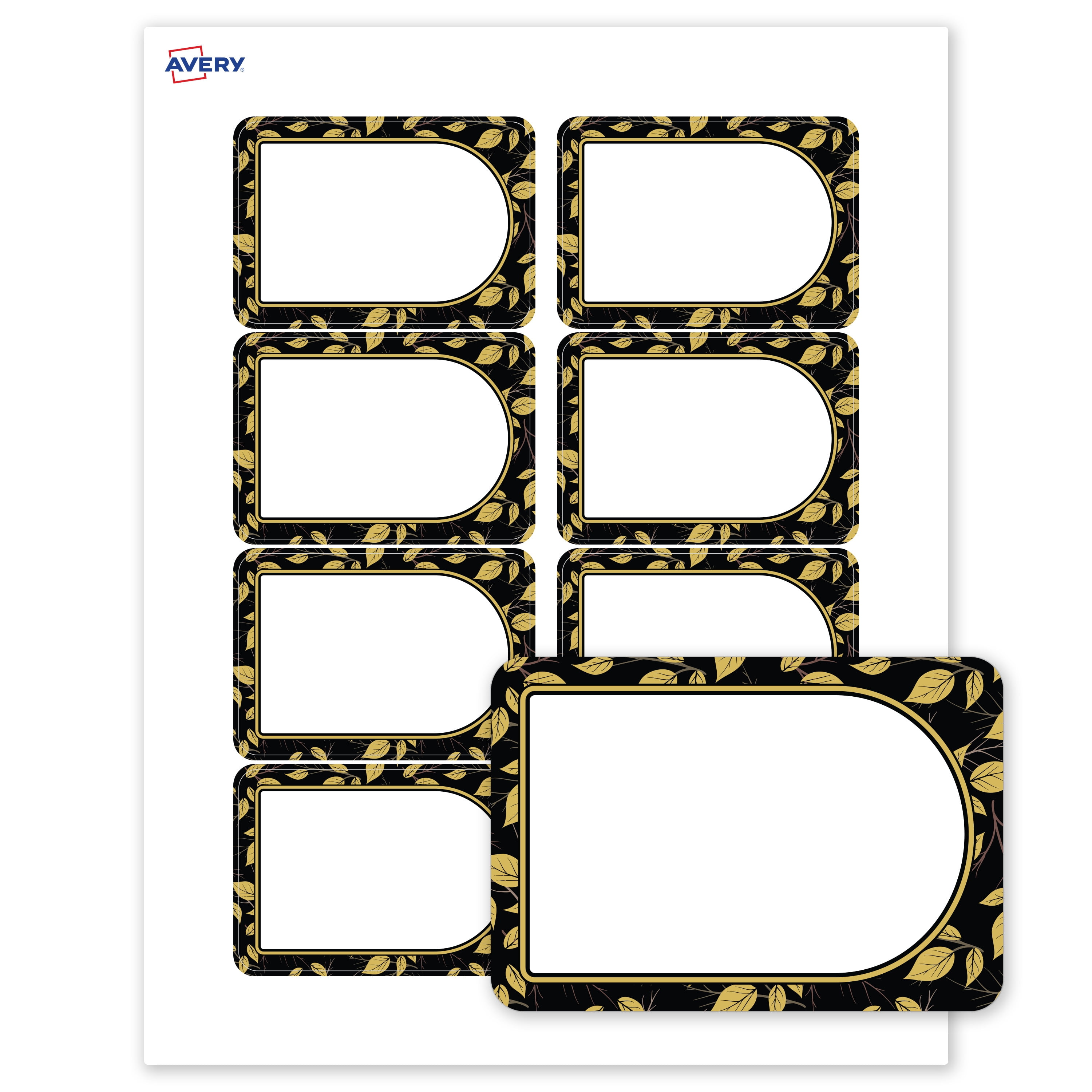 Avery Adhesive Name Tags, Matte White, Arched Black/Golden Leaves
