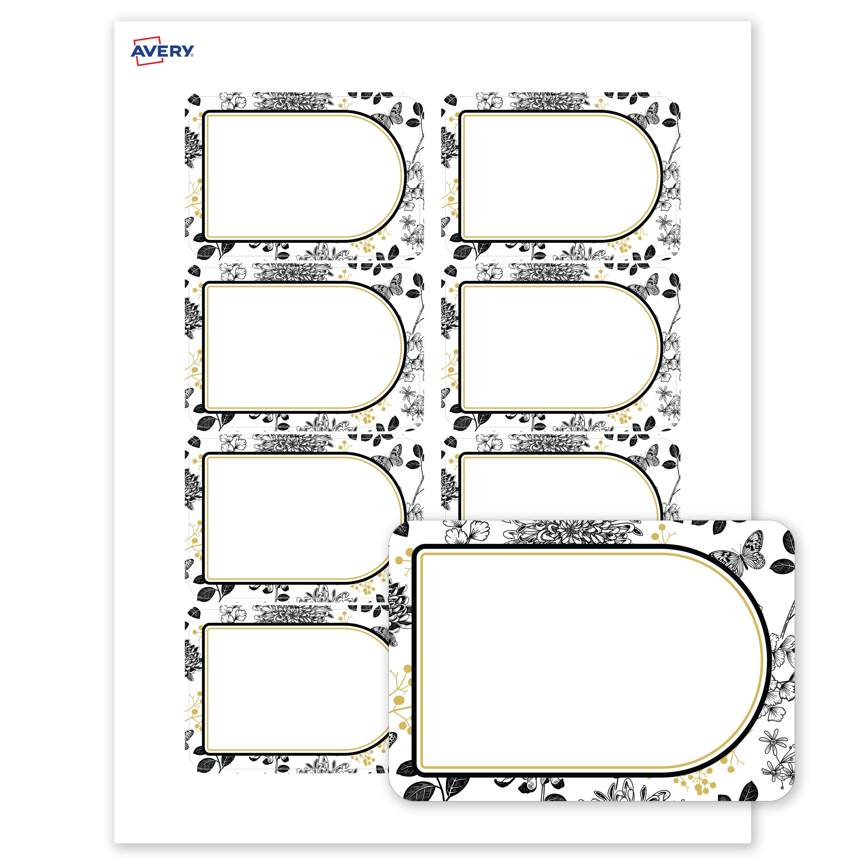 Avery Adhesive Name Tags, Matte White, Arched Gold & Black Florals