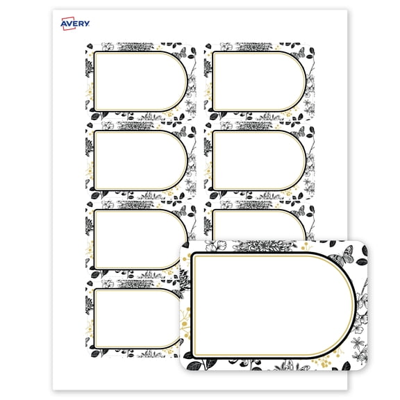 Avery Adhesive Name Tags, Matte White, Arched Gold & Black Florals
