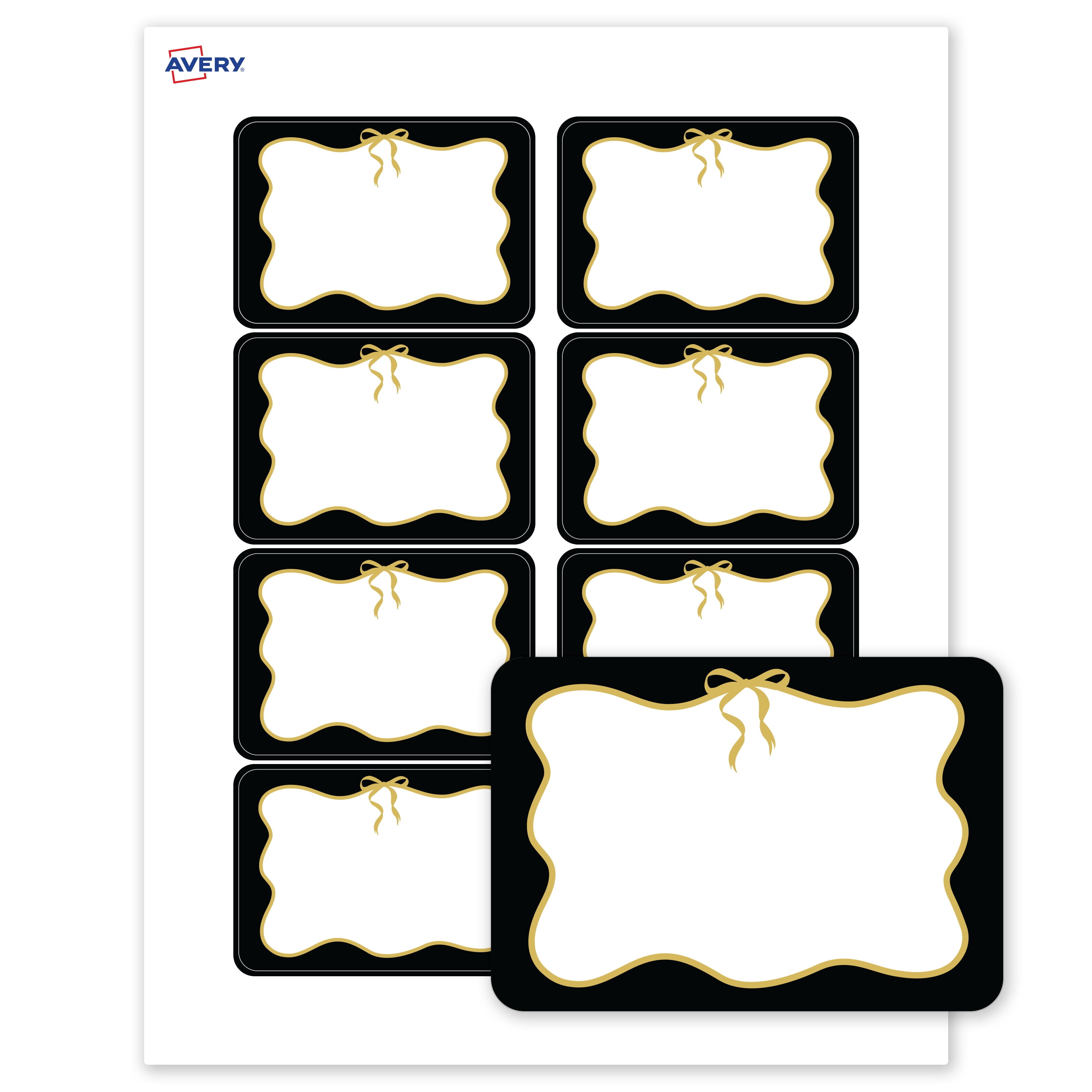 Avery Adhesive Name Tags, Matte White, Black/Gold Bow