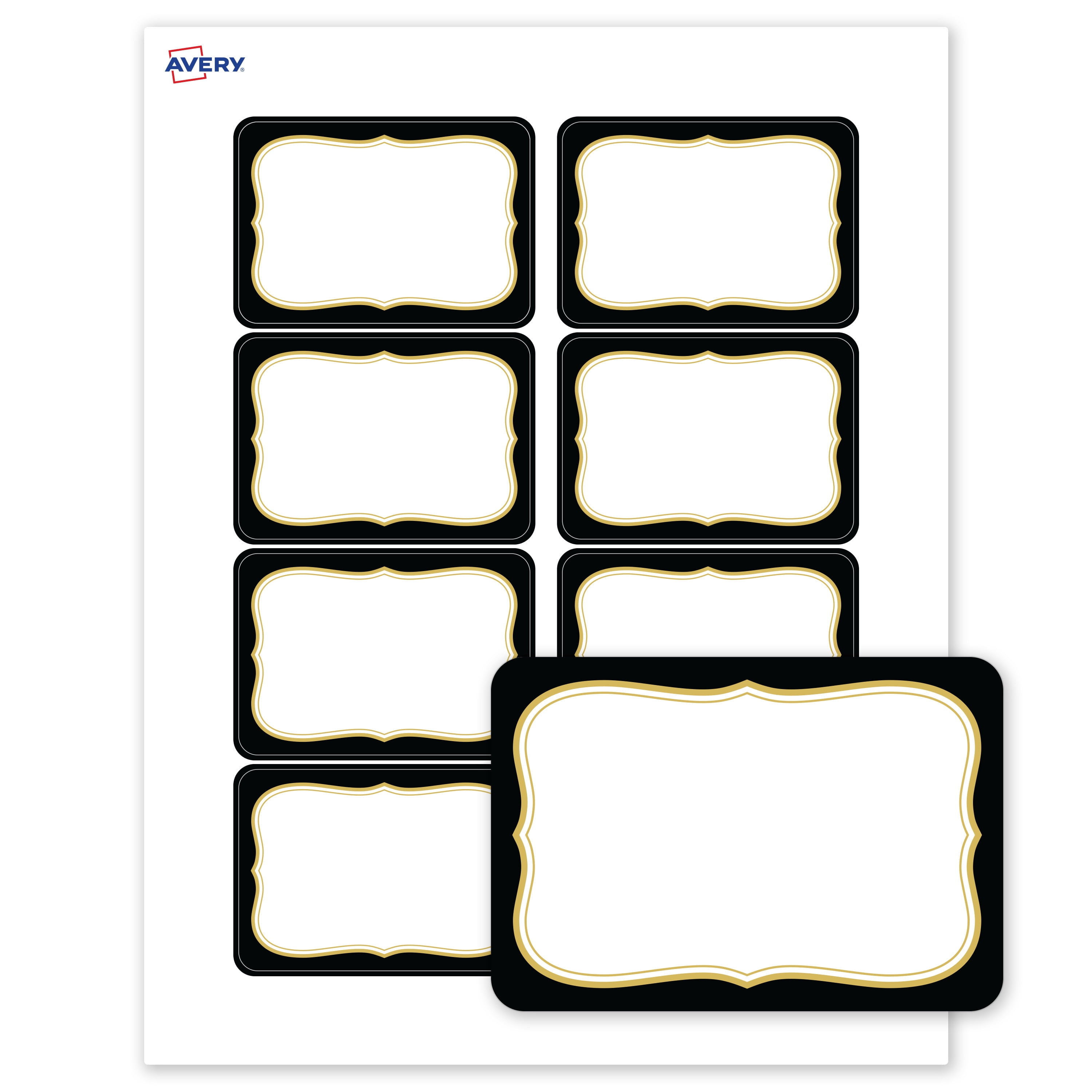 Avery Adhesive Name Tags, Matte White, Black/Gold Flourish