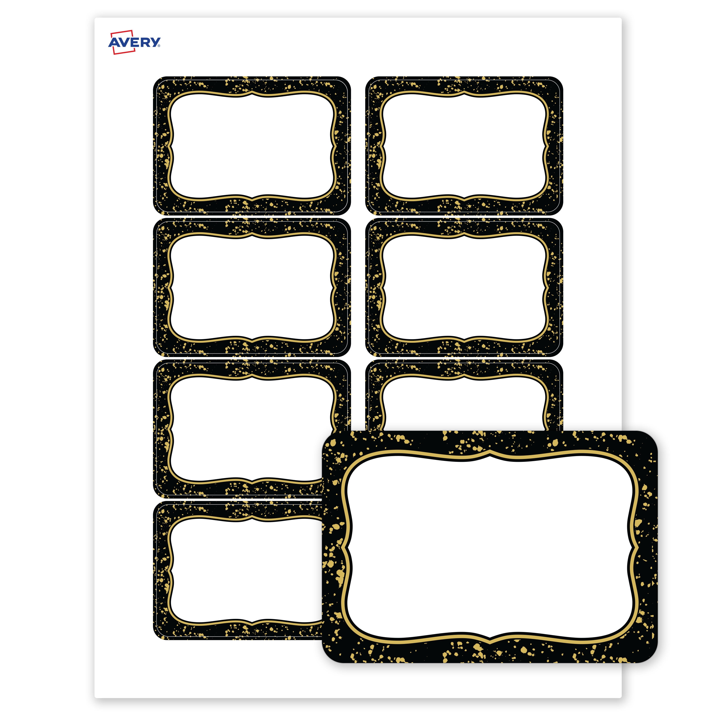 Avery Adhesive Name Tags, Matte White, Black/Gold Specs