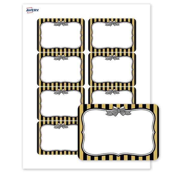 Avery Adhesive Name Tags, Matte White, Gold & Black Stripes/Bow