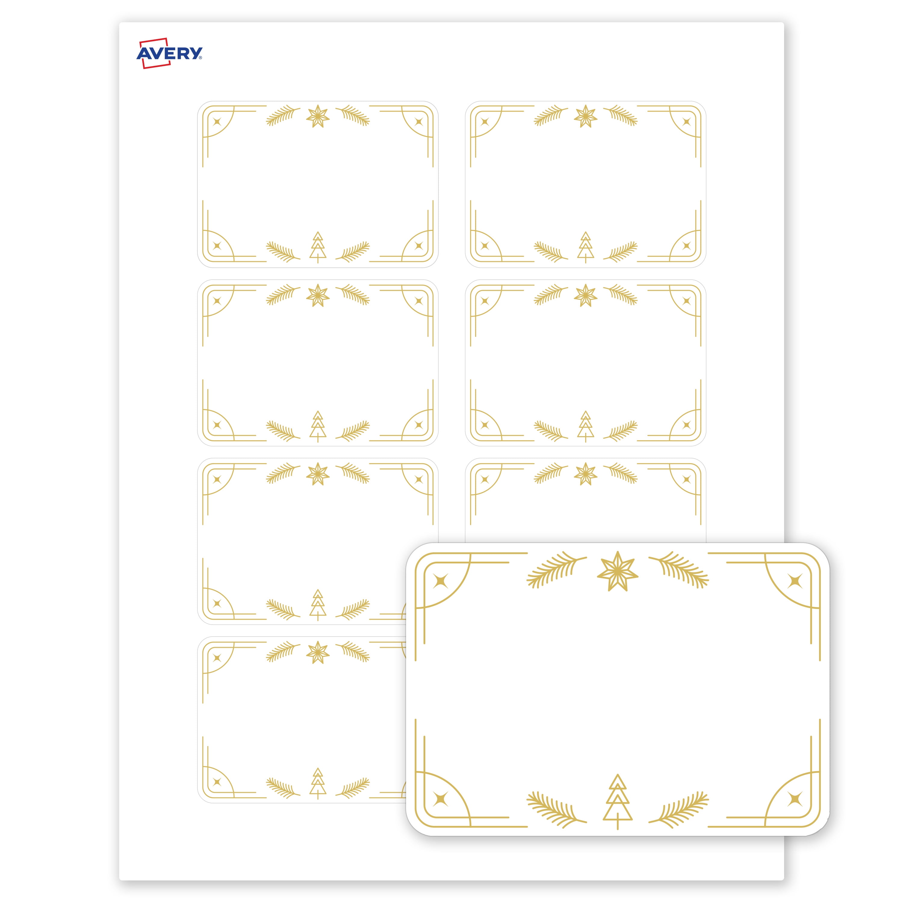 Avery Adhesive Name Tags, Matte White, Gold Christmas Trees