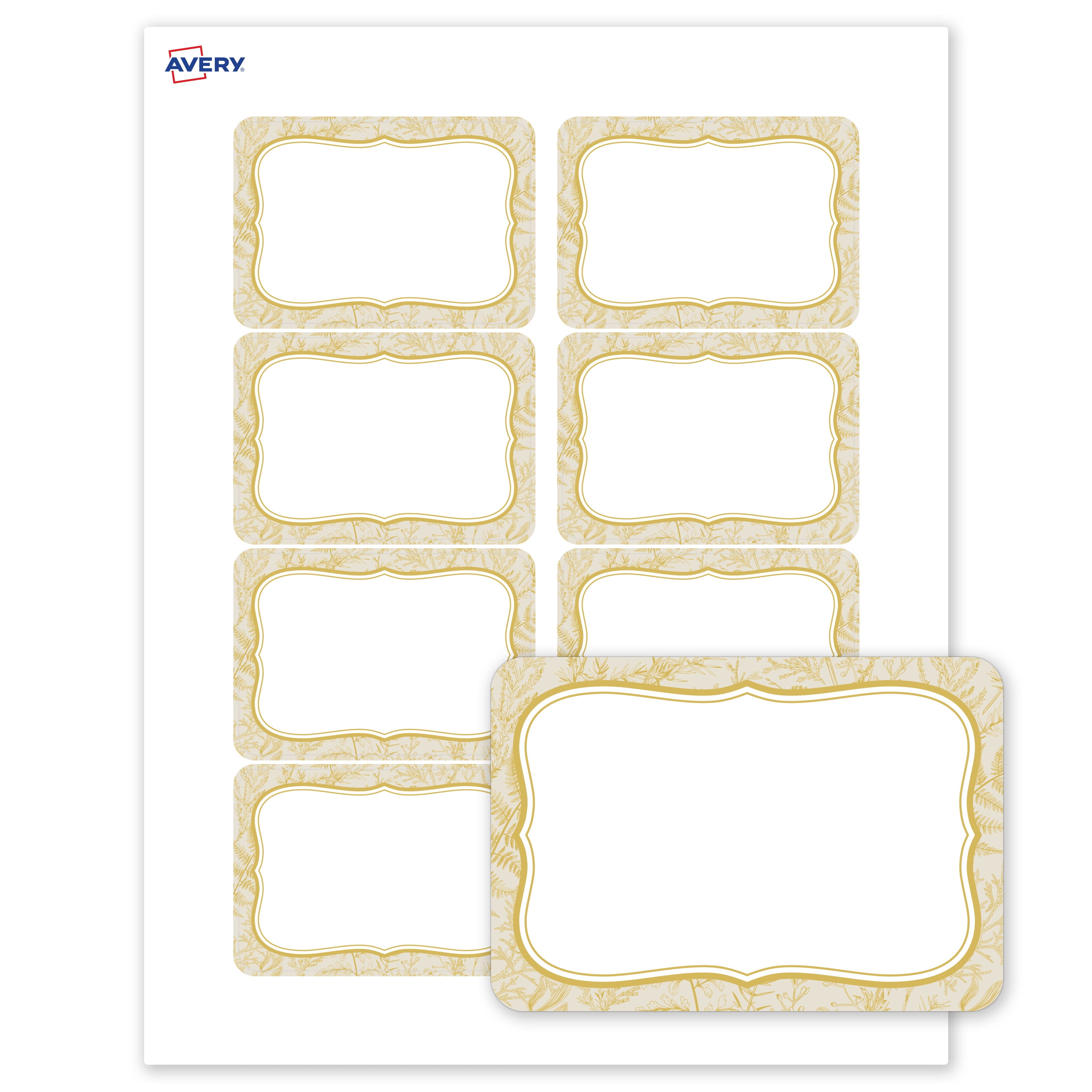 Avery Adhesive Name Tags, Matte White, Gold Flourish Florals