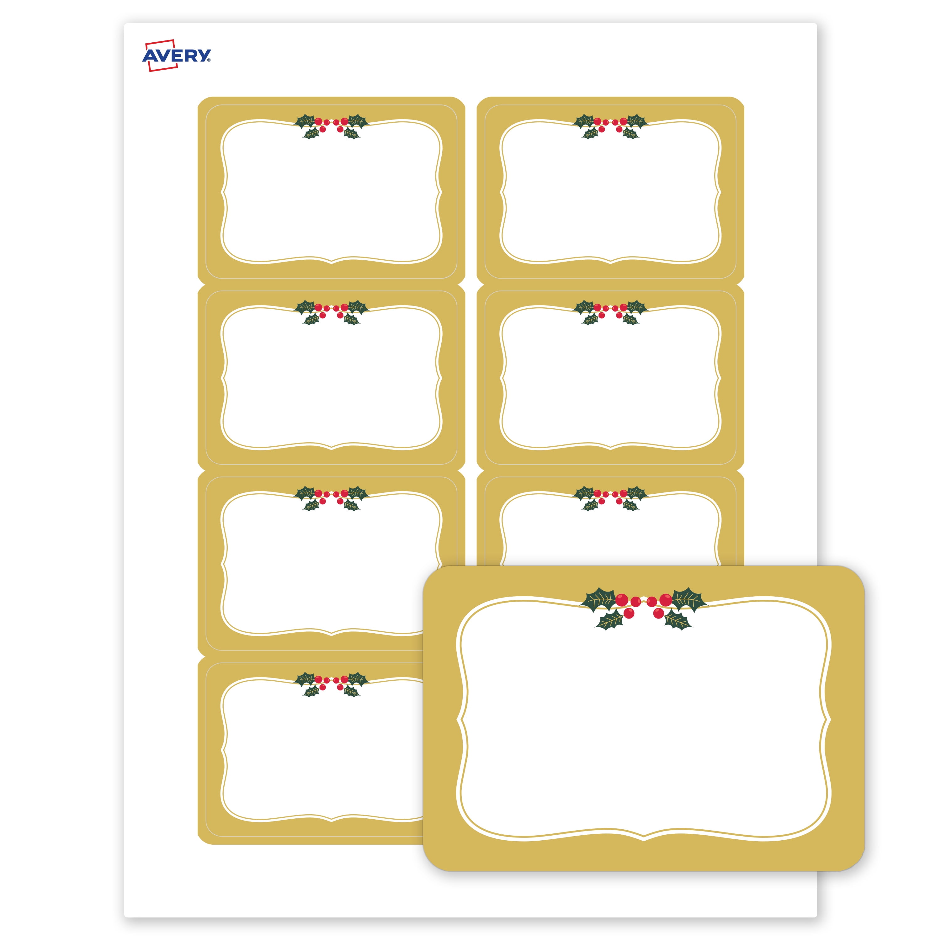 Avery Adhesive Name Tags, Matte White, Gold Frame/Holly Berries