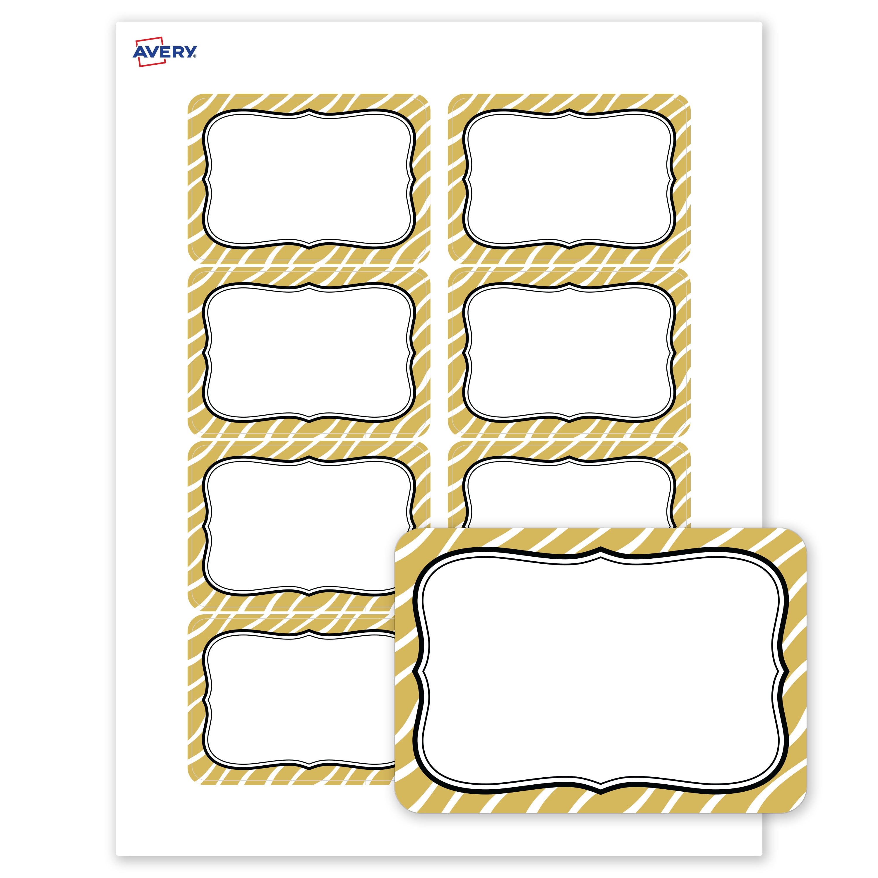 Avery Adhesive Name Tags, Matte White, Gold Zebra Pattern