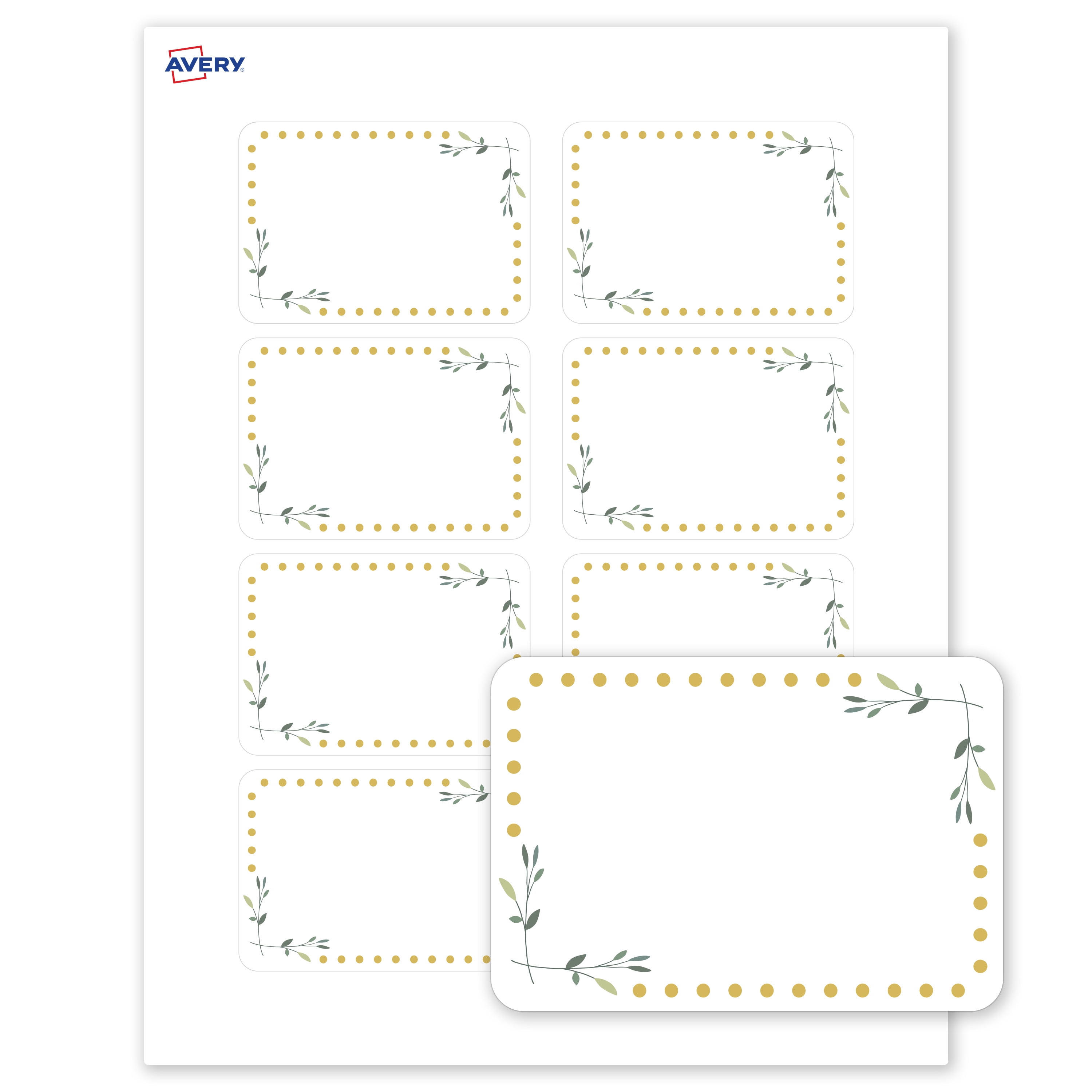 Avery Adhesive Name Tags, Matte White, Green Florals & Gold Dots