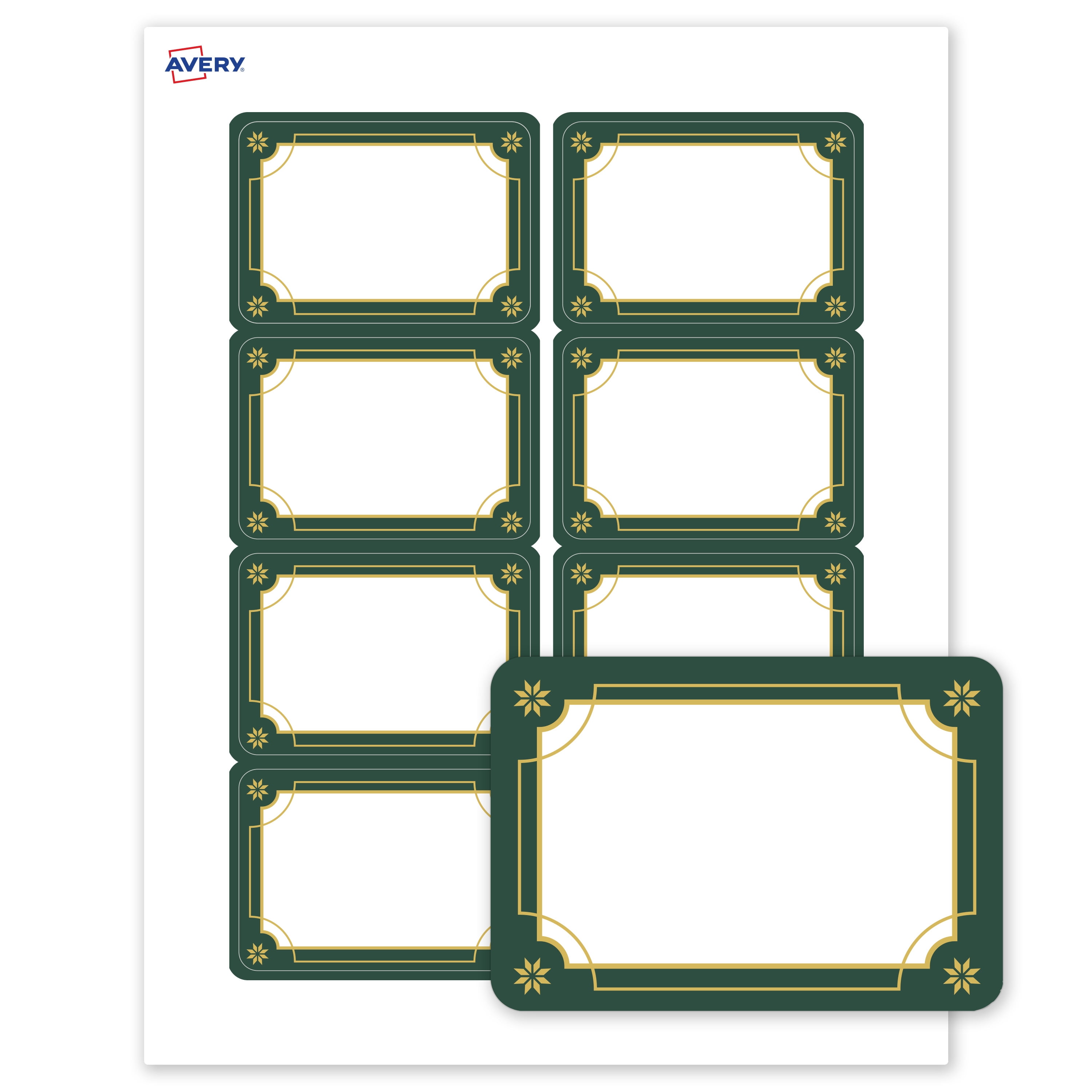 Avery Adhesive Name Tags, Matte White, Green & Gold