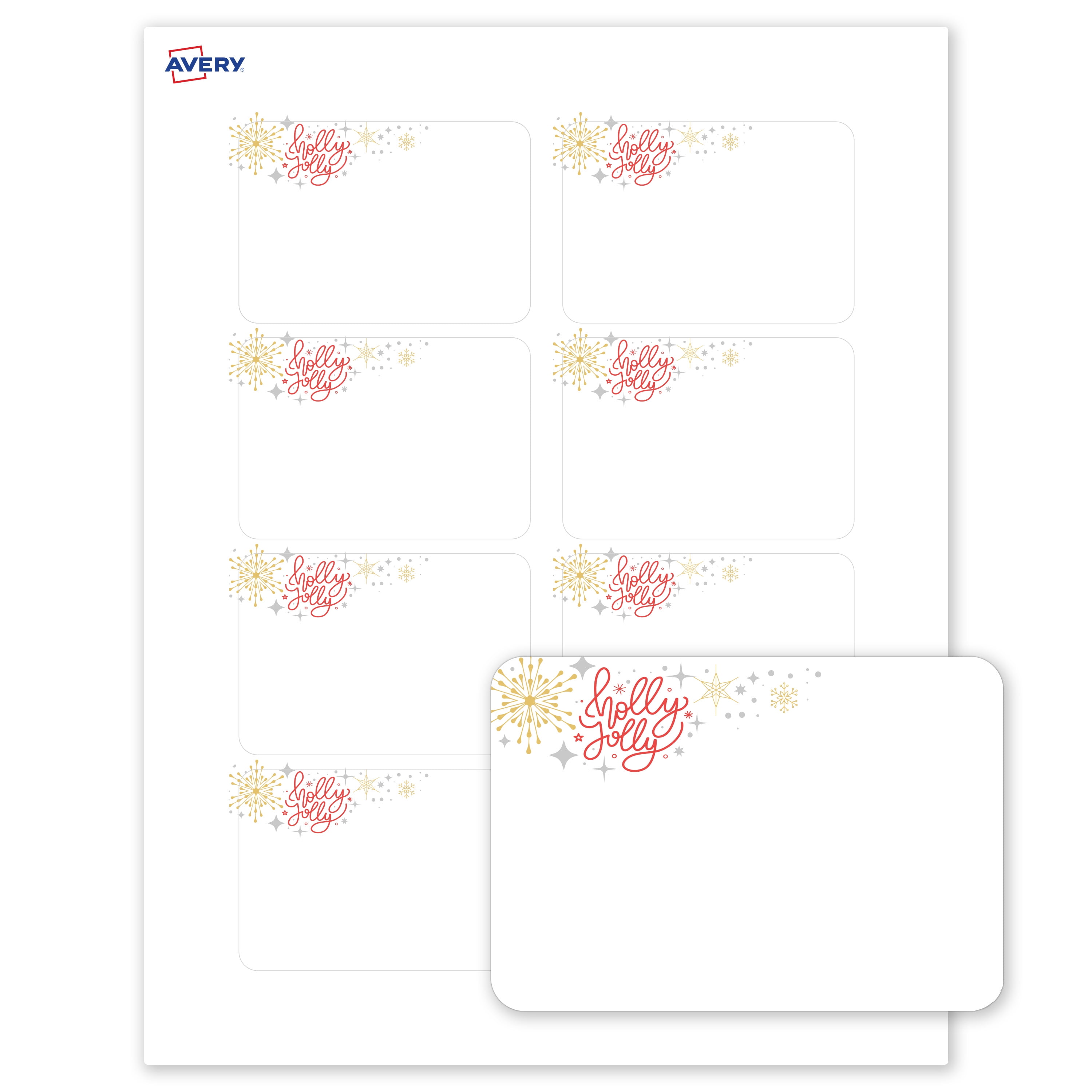 Avery Adhesive Name Tags, Matte White, Holly Jolly Sparkles