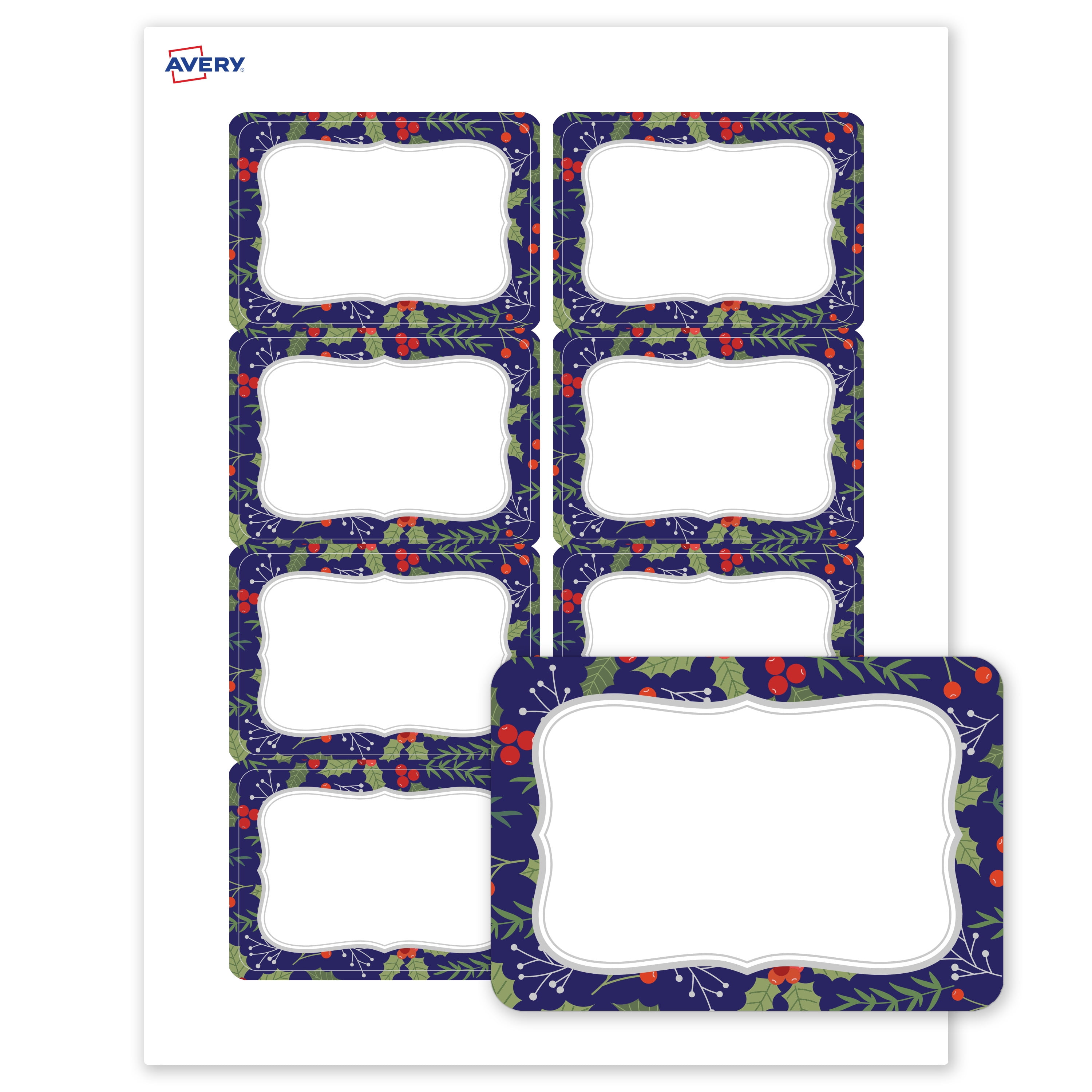 Avery Adhesive Name Tags, Matte White, Navy/Silver Frame