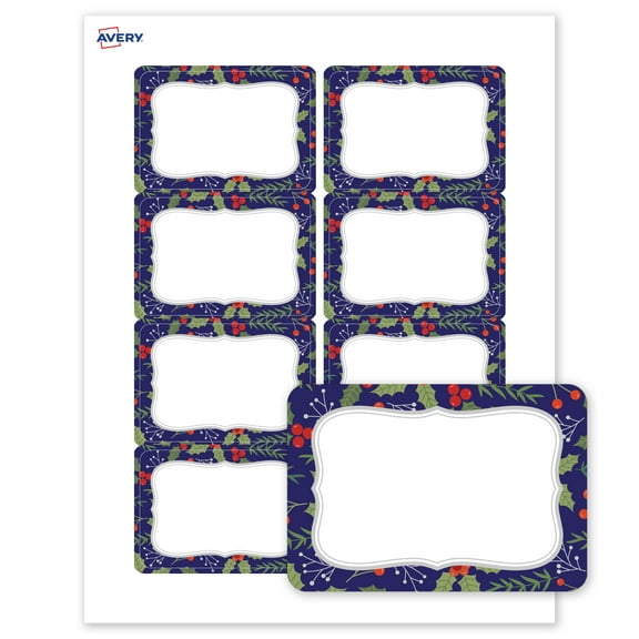 Avery Adhesive Name Tags, Matte White, Navy/Silver Frame
