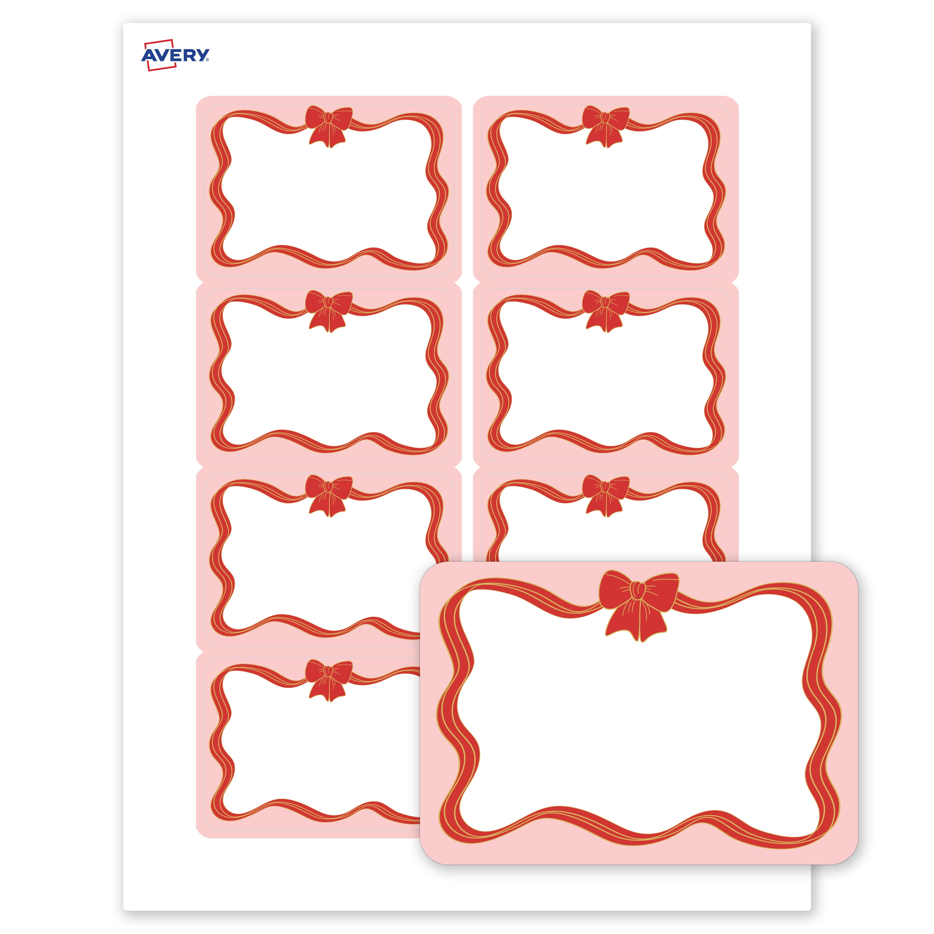 Avery Adhesive Name Tags, Matte White, Pink/Red & Gold Bow