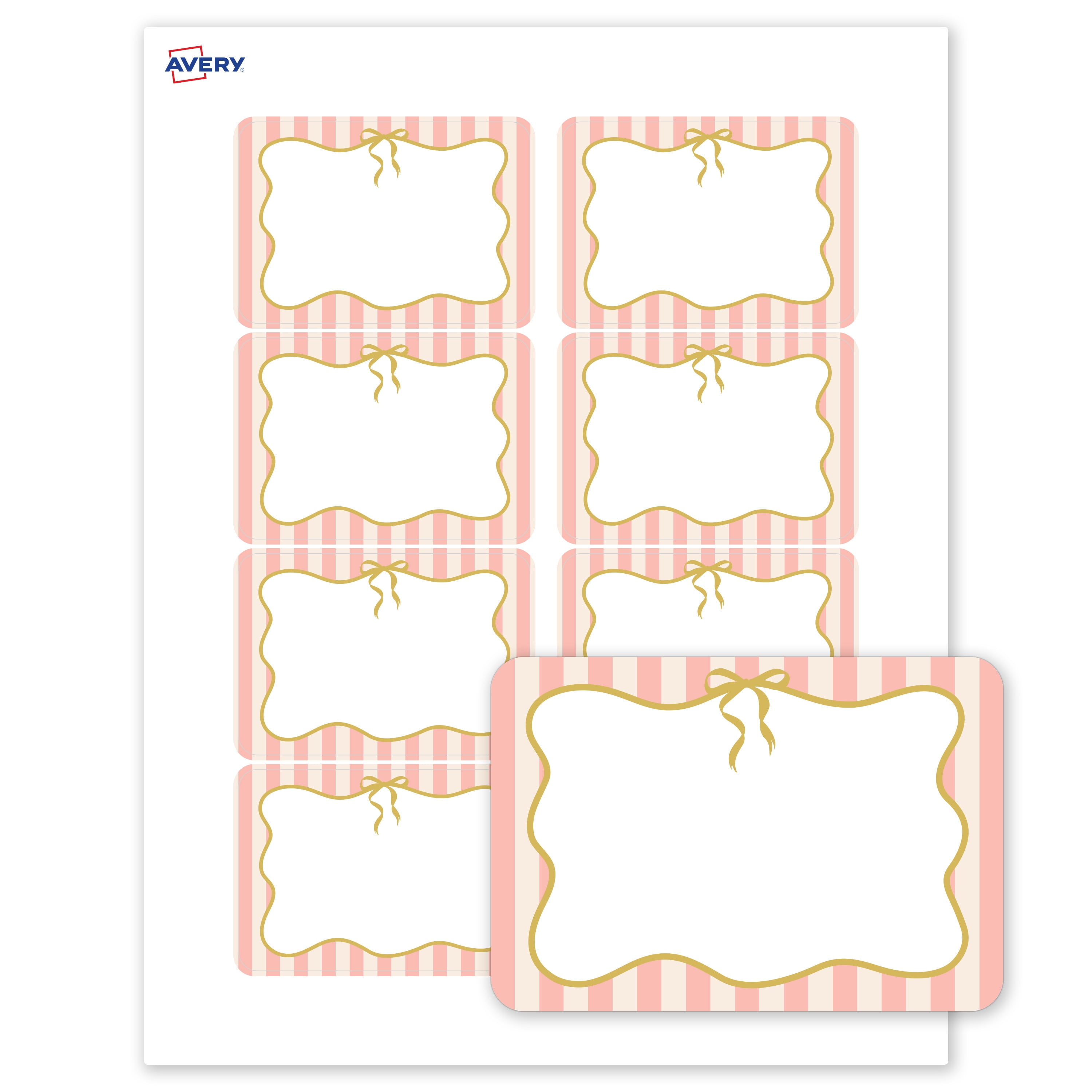 Avery Adhesive Name Tags, Matte White, Pink Stripes/Gold Bow