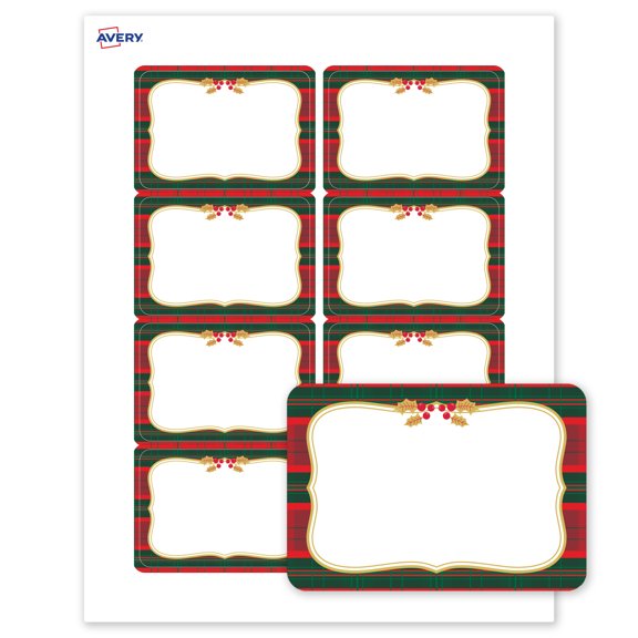 Avery Adhesive Name Tags, Matte White, Plaid/Gold Frame