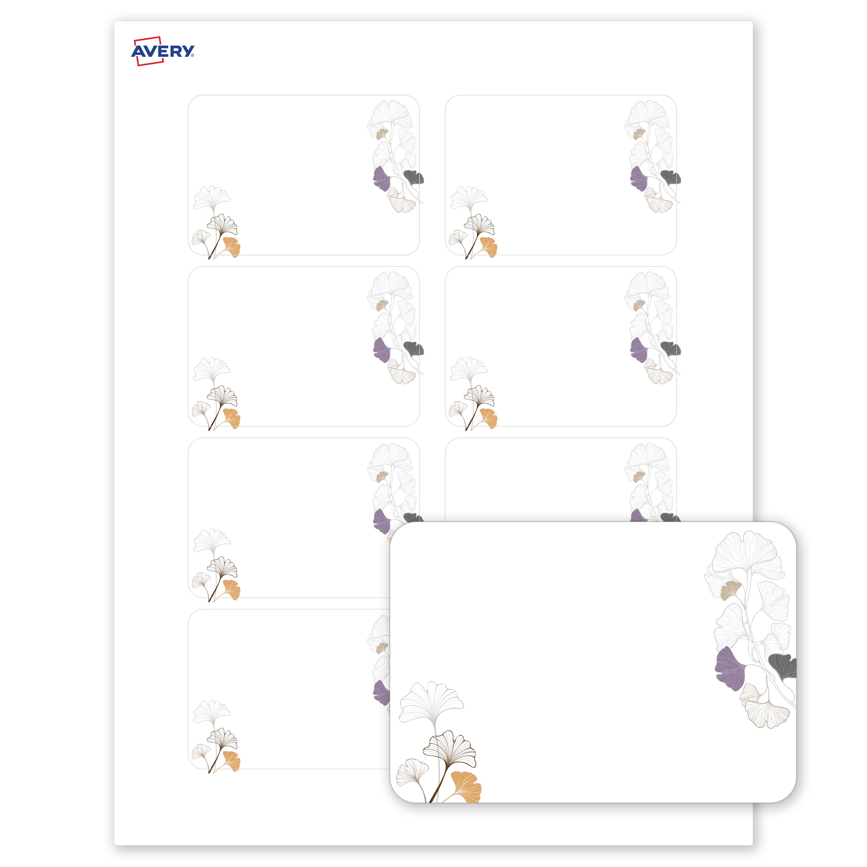 Avery Adhesive Name Tags, Matte White, Silver/Gingko Leaves