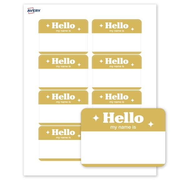 Avery Adhesive Name Tags, Pre-printed Gold Hello My Name Is Design
