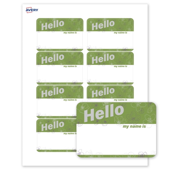 Avery Adhesive Name Tags, Pre-printed Green & Silver Hello Design