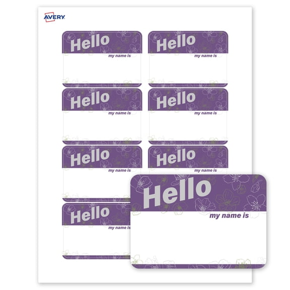 Avery Adhesive Name Tags, Pre-printed Purple & Silver Hello Design