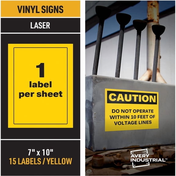 Avery; Adhesive Printable Vinyl Signs - 5" Width x 7" Length - Permanent Adhesive - Rectangle - Laser - Yellow - Vinyl - 1 / Sheet - 15 Total Sheets - 15 Total Label(s) - 15 Label